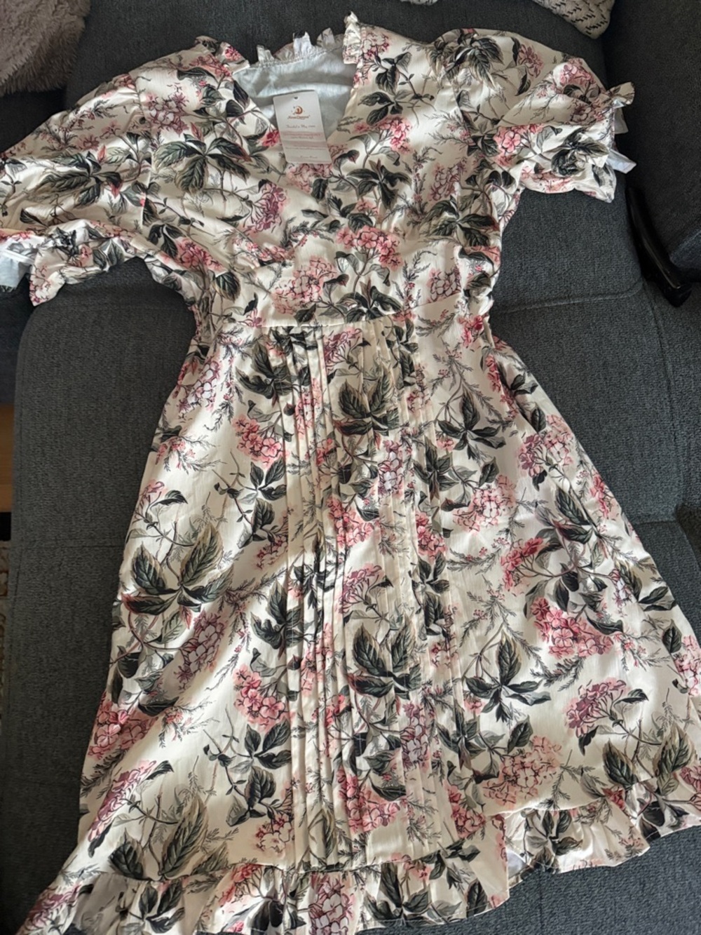 Floral Ruffle Dress - Cream with Pink & Green